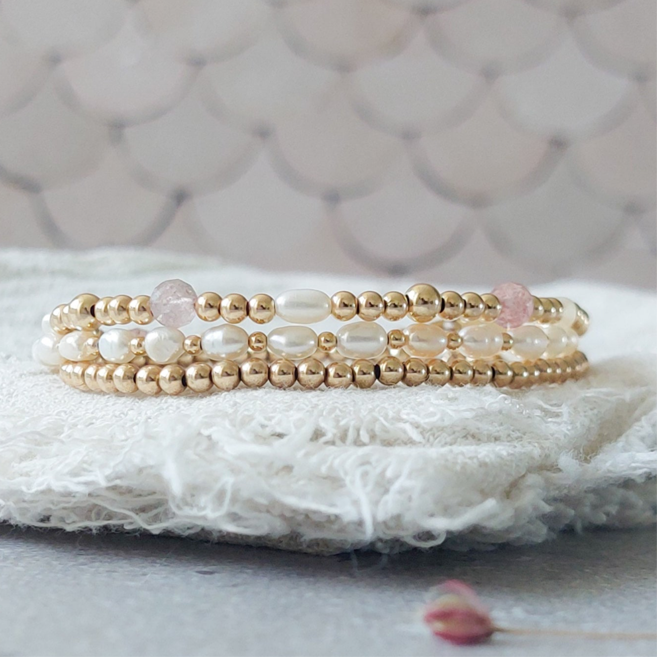 14k Goldfilled armbanden met parels en roze edelsteen kralen