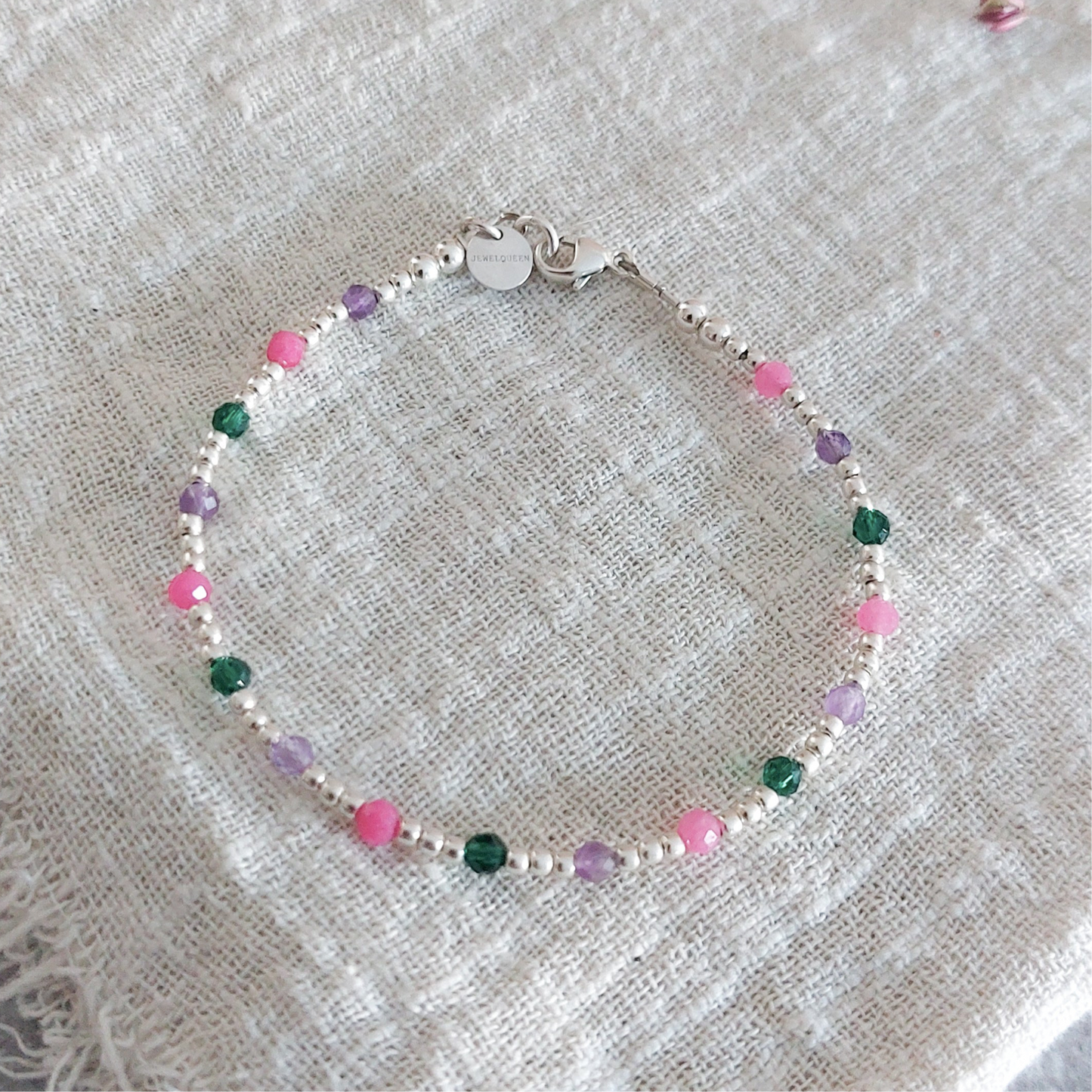 Zileren bolletjes armband met edelsteen in de kleur groen roze en paars