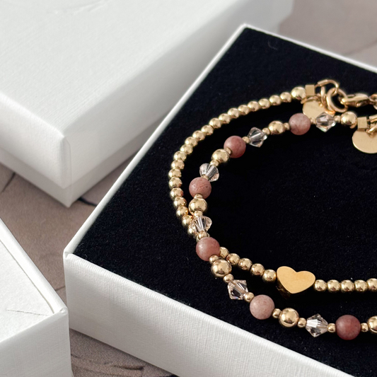 Edelsteen arband met goldfilled gouden kralen en zonnesteen edelsteen