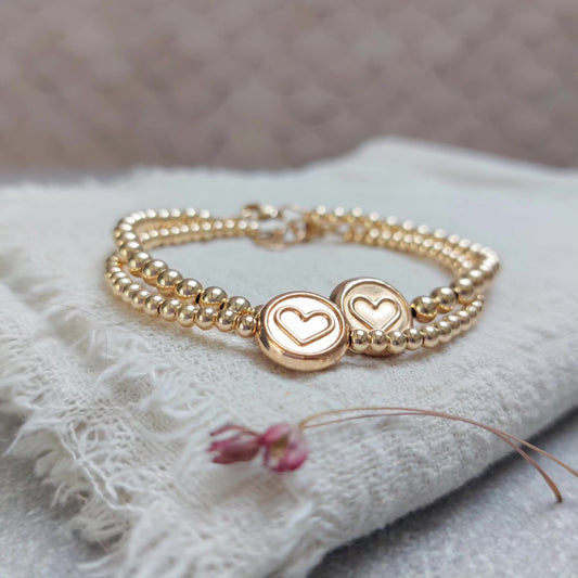 14k goldfilled kralen armband met hartjes munt