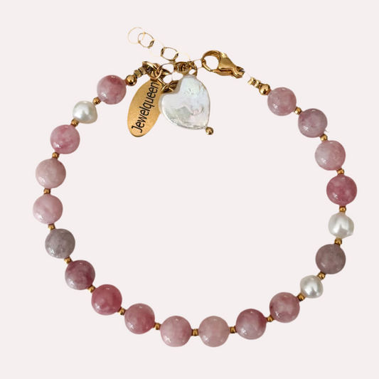 Kralen armband met roze natuursteen en parels