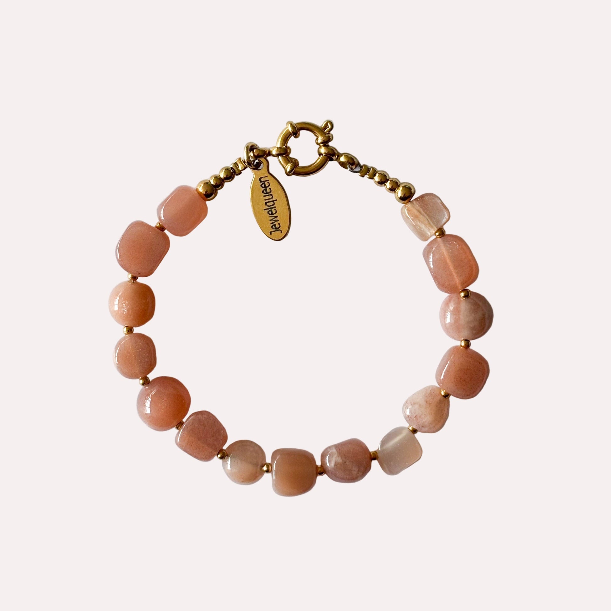 goud rvs armband met roze natuursteen