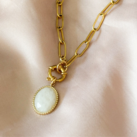 18k rvs dames schakel ketting met beige natuursteen hanger