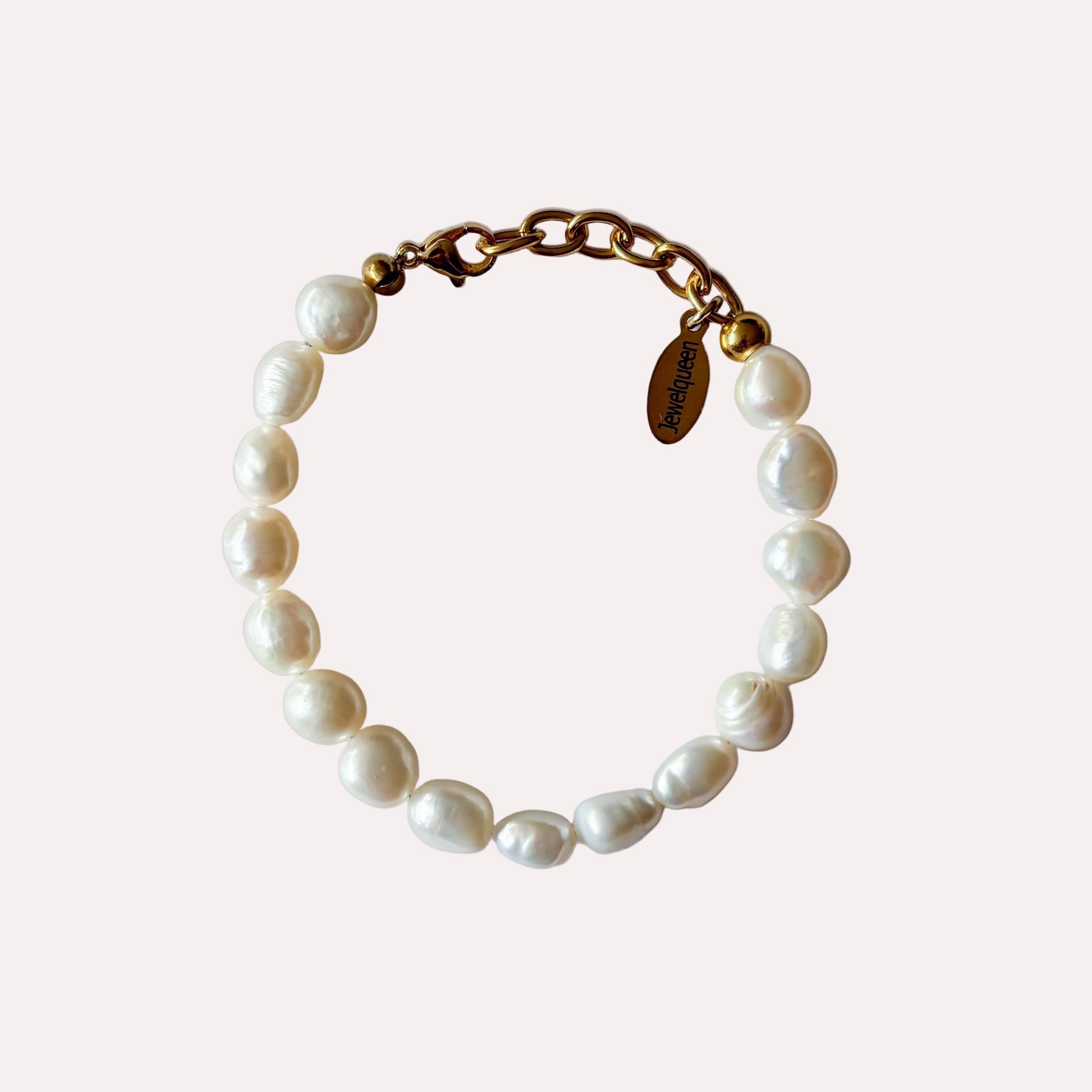 Goud rvs armband met grote witte parels 